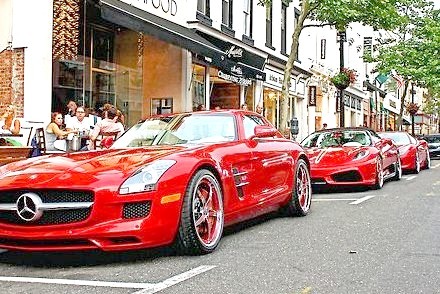 Red Mercedes SLS, Ferrari Lined up